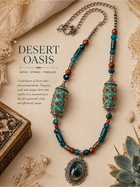 “Desert Oasis”-Blue Apatite,Goldstone,Carnelian,Nepalese Beaded Necklace